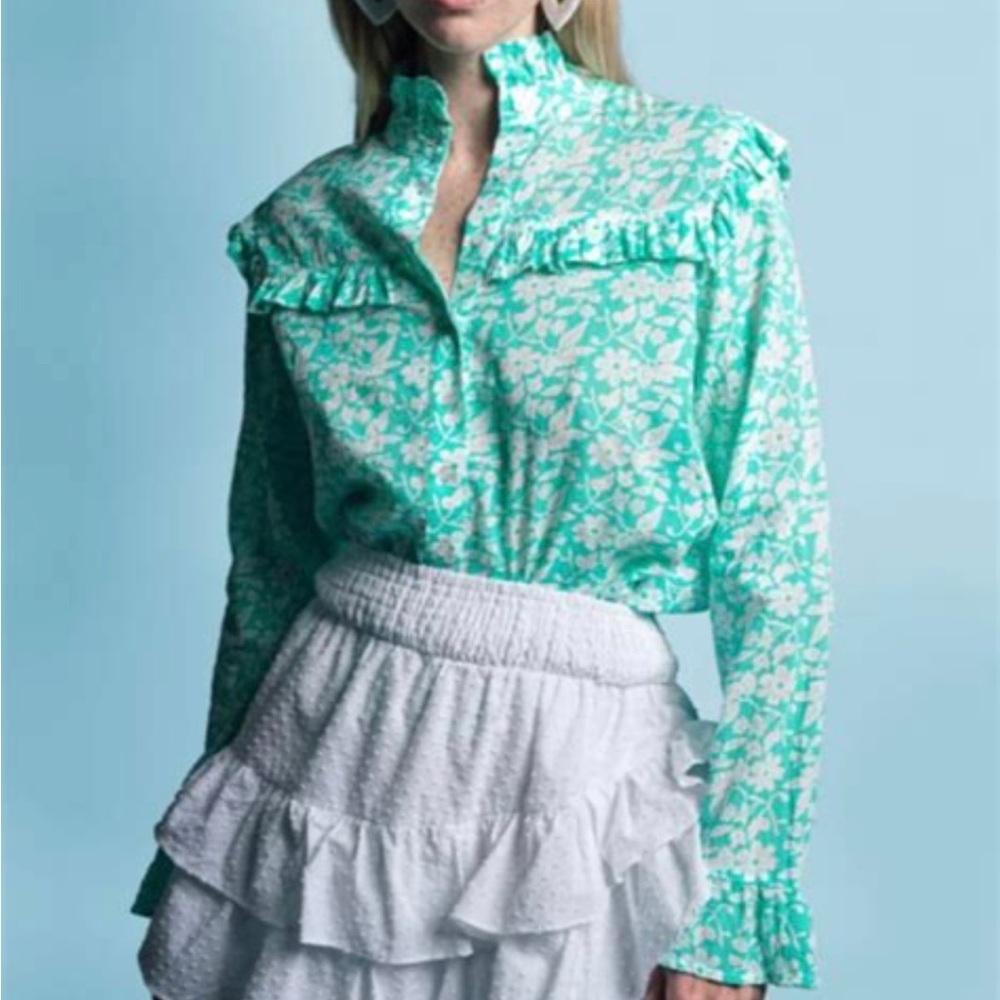 NWT The Shirt by Rochelle Behrens Elizabeth button down ruffle shirt-Size Medium